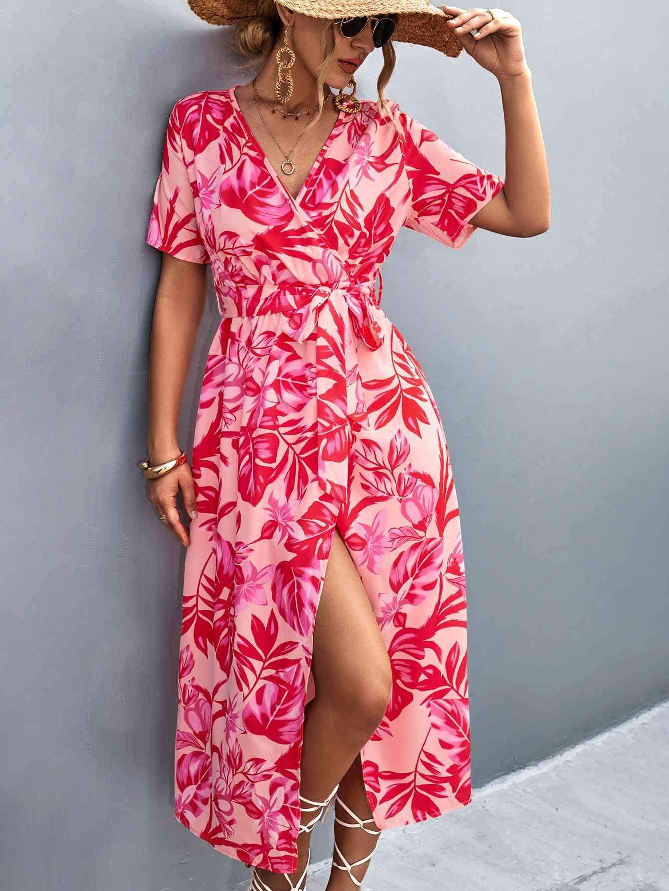 Floral Print High Slit Surplice Neck Tie Waist Midi Dress Trendsi