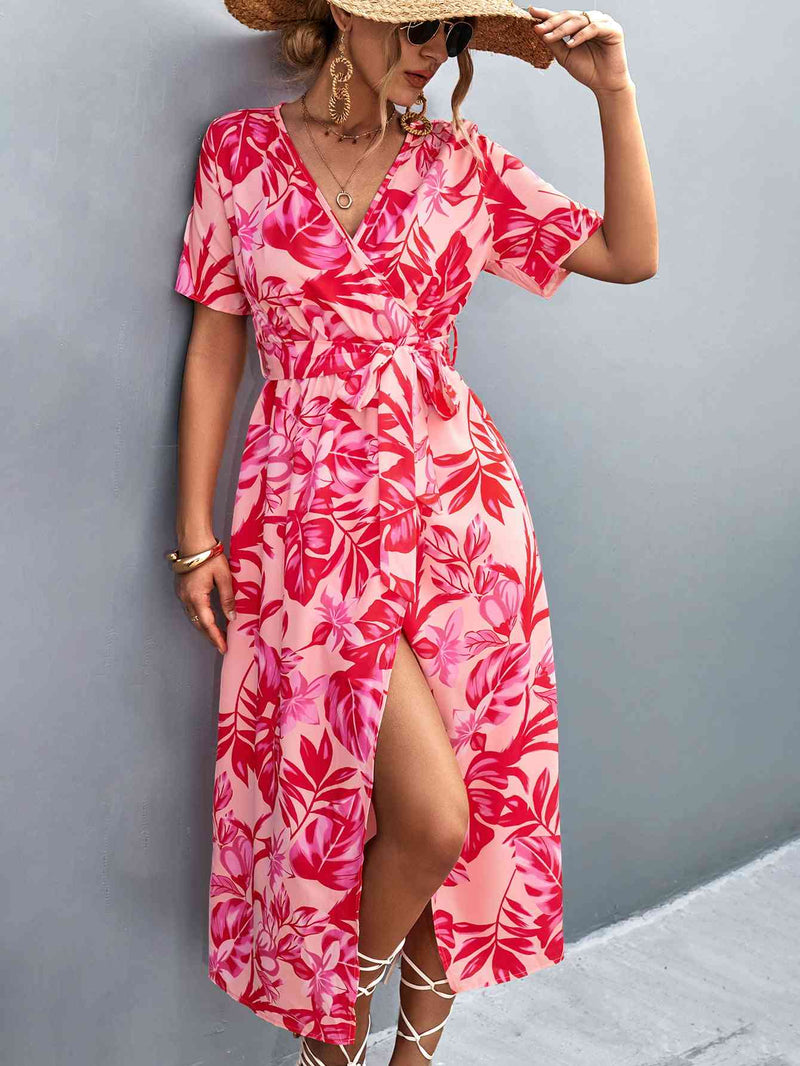 Floral Print High Slit Surplice Neck Tie Waist Midi Dress Trendsi