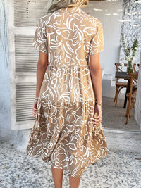 Devine Printed Johnny Collar Button Down Short Sleeve Midi Shirt Dress Trendsi