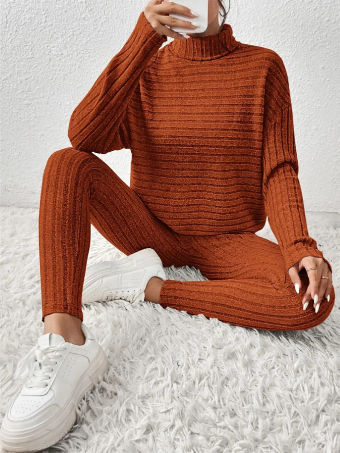 Ribbed Turtleneck Top and Pants Set Trendsi