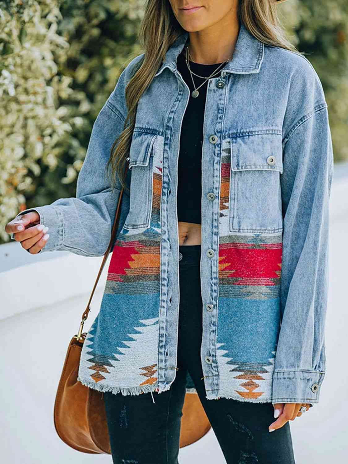 Collared Neck Dropped Shoulder Denim Jacket Trendsi