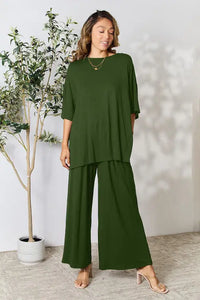 Double Take Full Size Round Neck Slit Top and Pants Trendsi