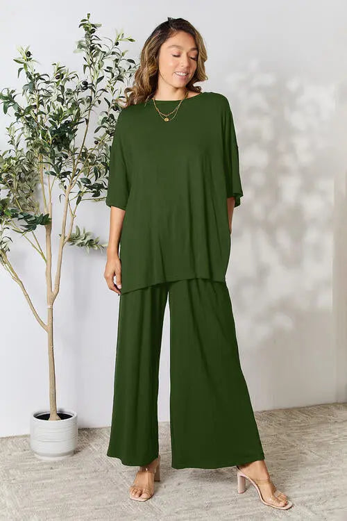 Double Take Full Size Round Neck Slit Top and Pants Trendsi