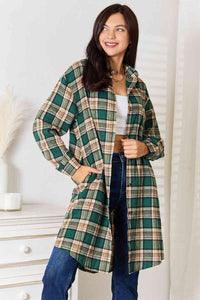 Double Take Plaid Collared Neck Long Sleeve Shirt Trendsi