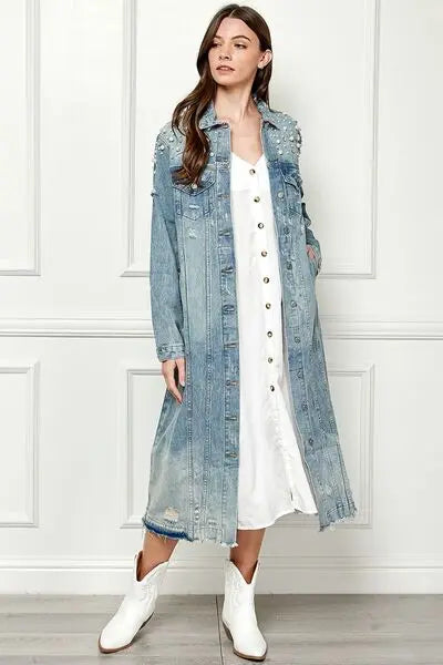 Veveret Full Size Distressed Raw Hem Pearl Detail Button Up Jacket Trendsi