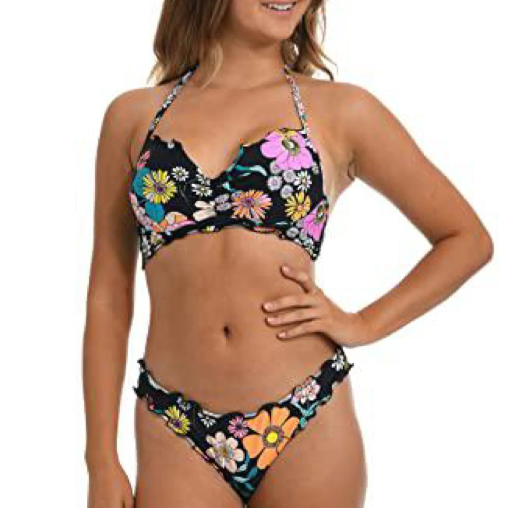 Hobie Women's Standard Underwire Halter Hipster Bikini Swimsuit Top, Black//Peace, Love, & Daisies Hobie