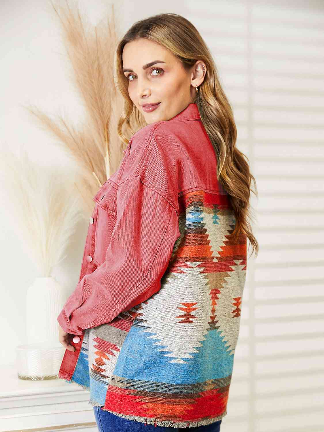 Dropped Shoulder Long Sleeve Printed Denim Jacket Trendsi