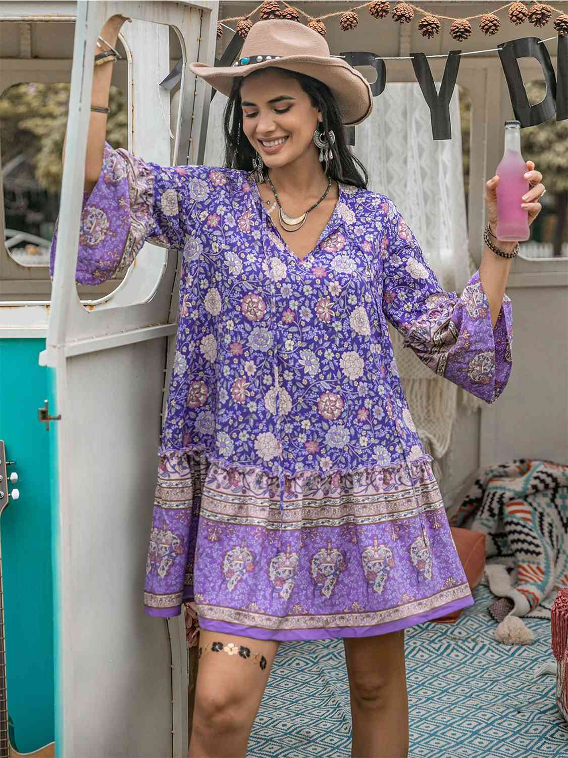 Floral Tie Neck Mini Dress Trendsi