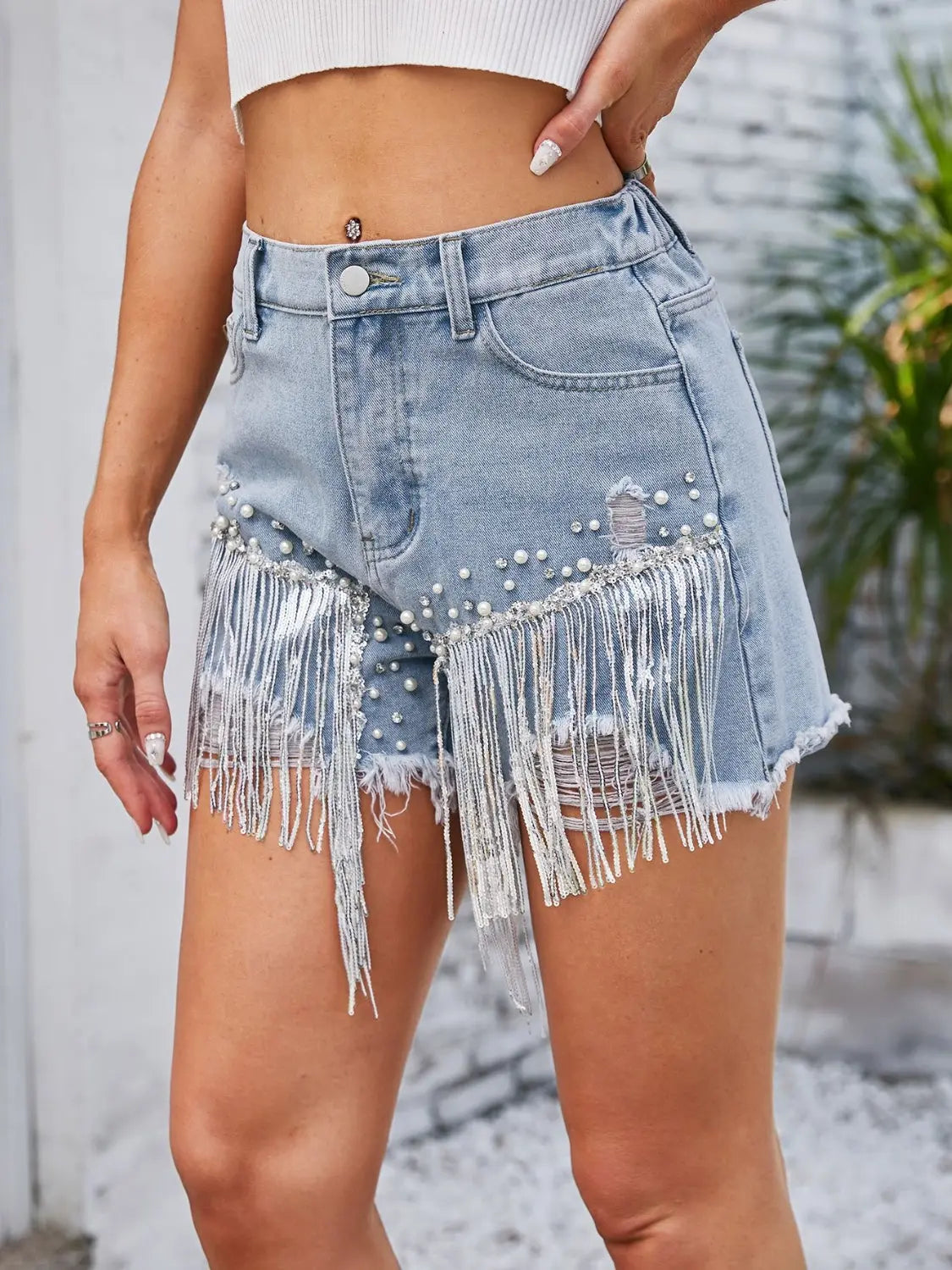 Distressed Pearl Trim Denim Shorts with Pockets Trendsi