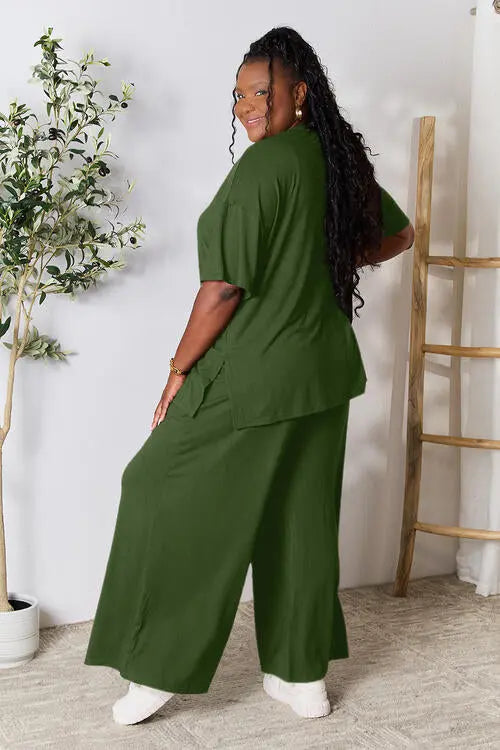 Double Take Full Size Round Neck Slit Top and Pants Trendsi