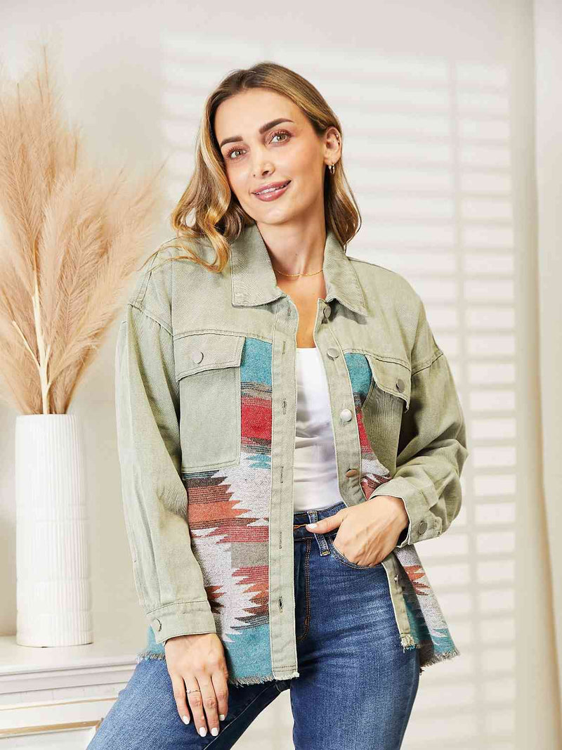Dropped Shoulder Long Sleeve Printed Denim Jacket Trendsi
