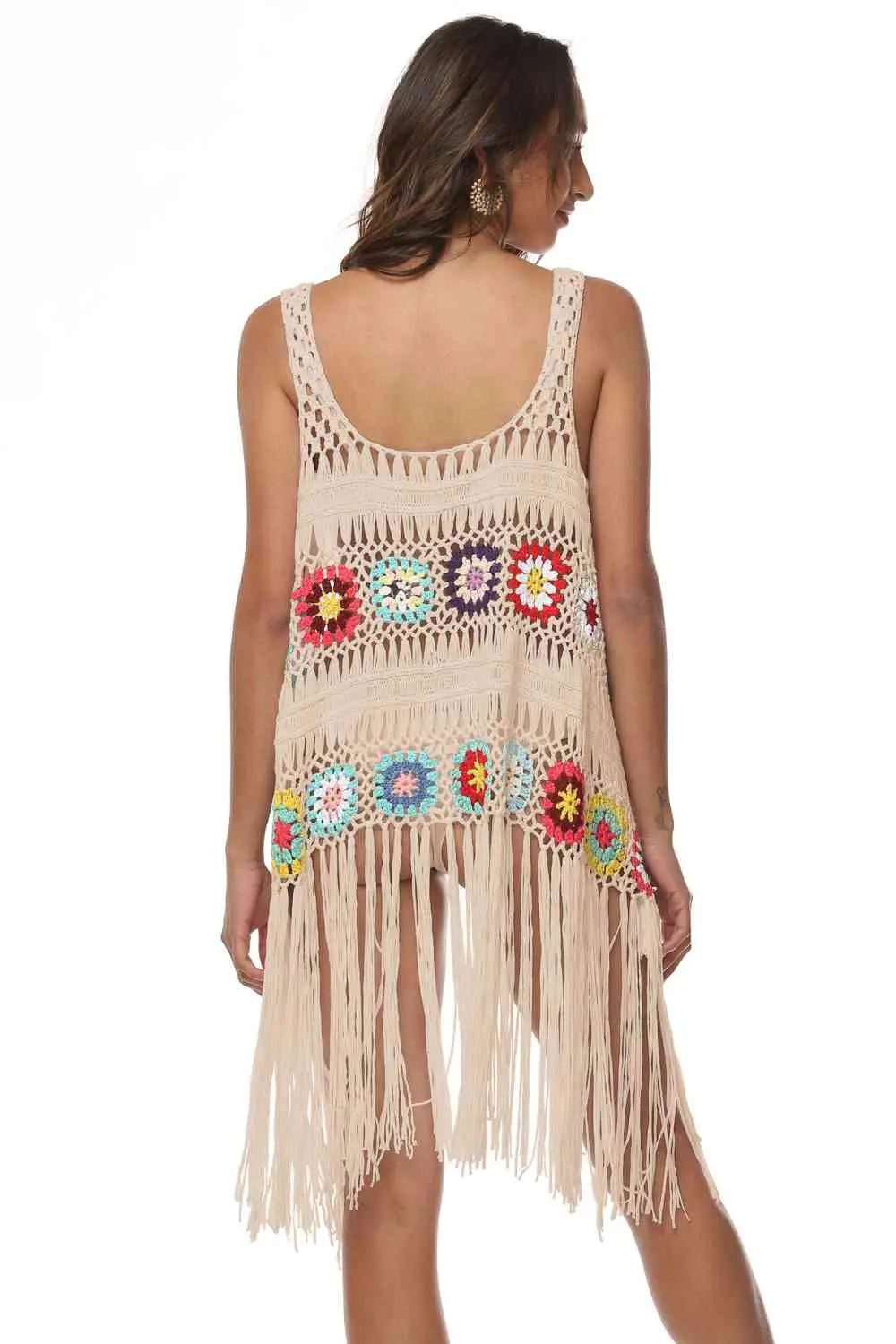 Openwork Fringe Detail Embroidery Sleeveless Cover-Up Trendsi