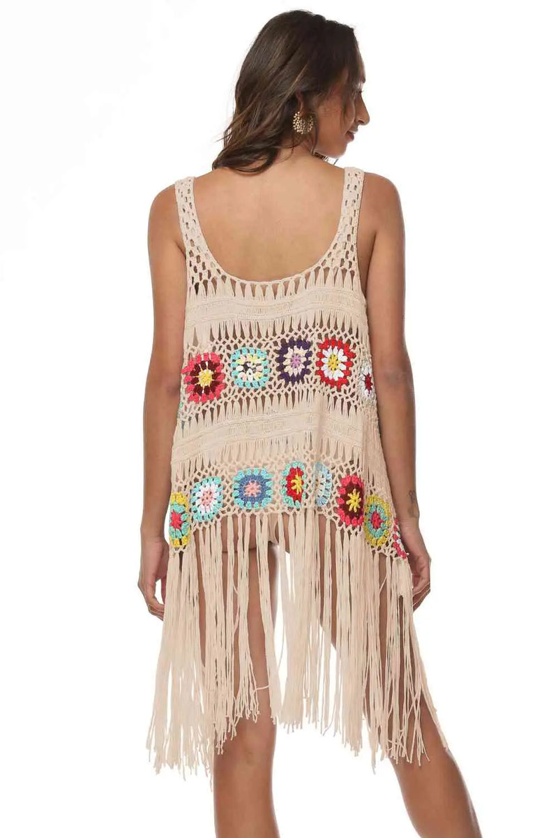 Openwork Fringe Detail Embroidery Sleeveless Cover-Up Trendsi