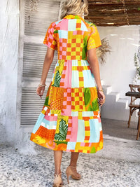 Devine Printed Johnny Collar Button Down Short Sleeve Midi Shirt Dress Trendsi