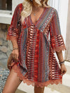 Lace Trim Printed V-Neck 3/4 Sleeve Dress Trendsi