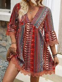 Lace Trim Printed V-Neck 3/4 Sleeve Dress Trendsi