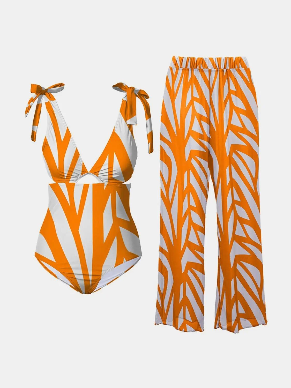 Printed Tie Shoulder Swimsuit and Pants Sets Trendsi