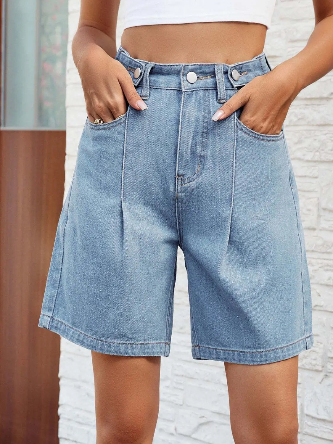 High Waist Denim Shorts with Pockets Trendsi