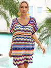 Rainbow Stripe Scalloped V-Neck Cover-Up Dress Trendsi