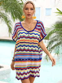 Rainbow Stripe Scalloped V-Neck Cover-Up Dress Trendsi