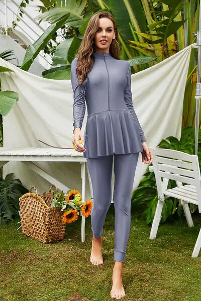 Mock Neck Long Sleeve One-Piece Swimwear Trendsi