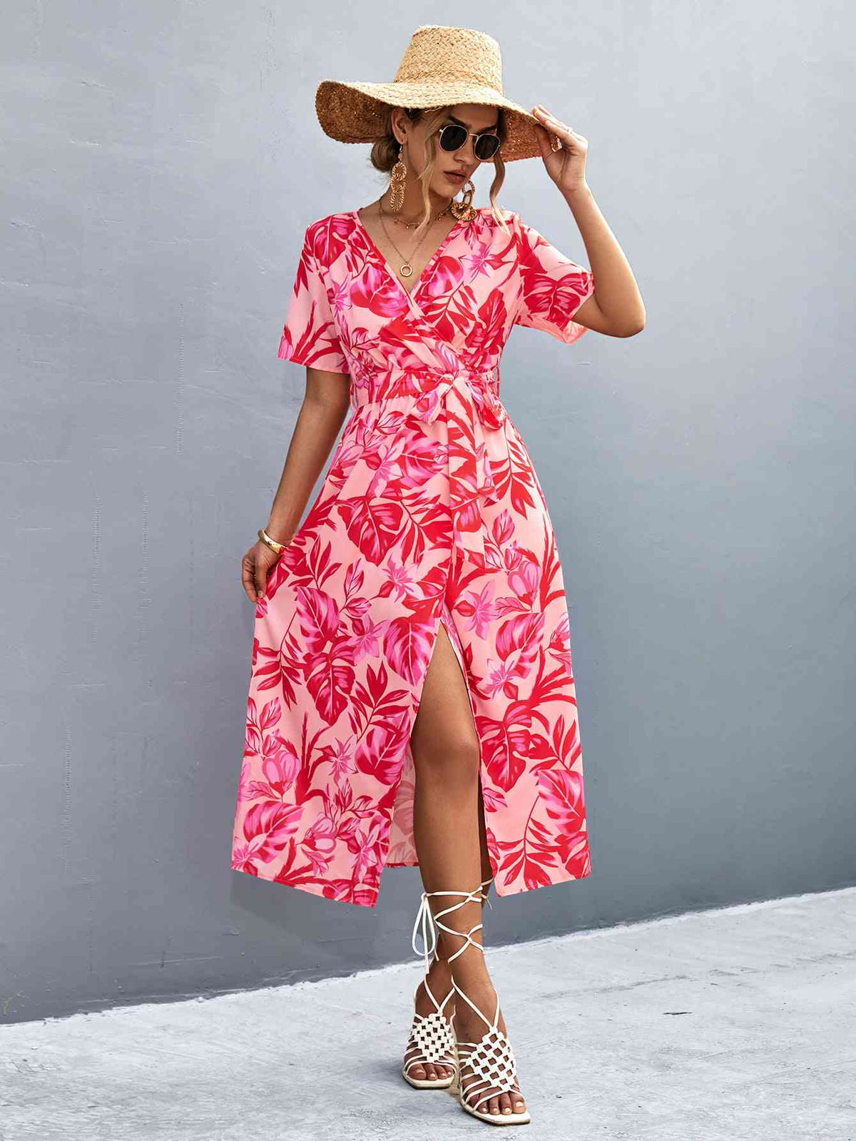 Floral Print High Slit Surplice Neck Tie Waist Midi Dress Trendsi