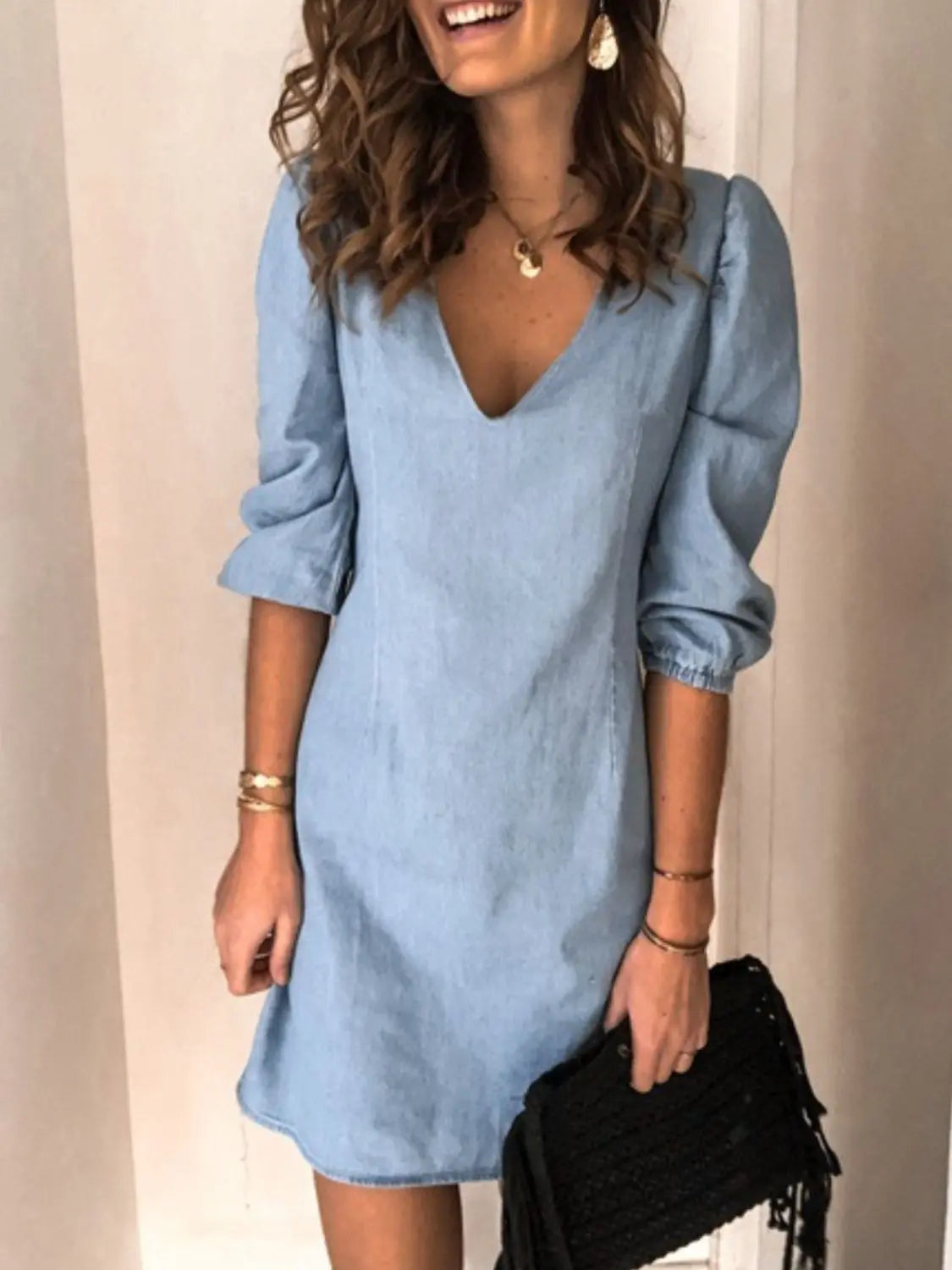 Full Size V-Neck Half Sleeve Denim Dress - Makuwa Swim Wear
