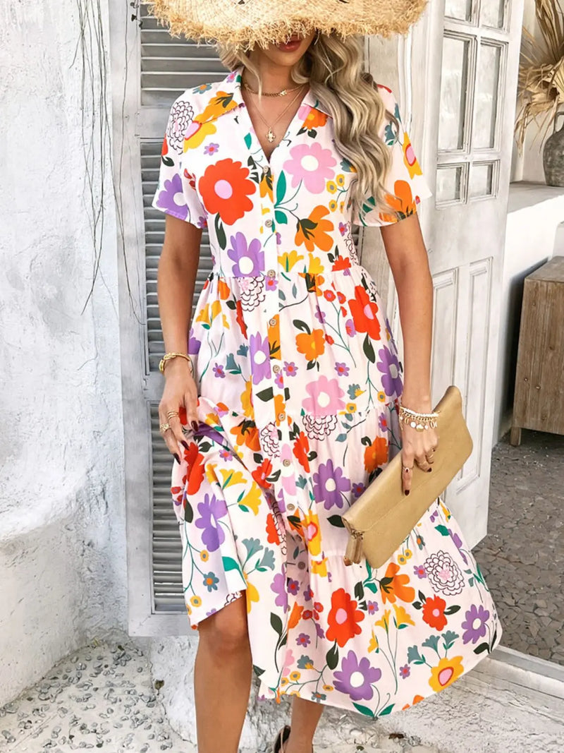 Devine Printed Johnny Collar Button Down Short Sleeve Midi Shirt Dress Trendsi