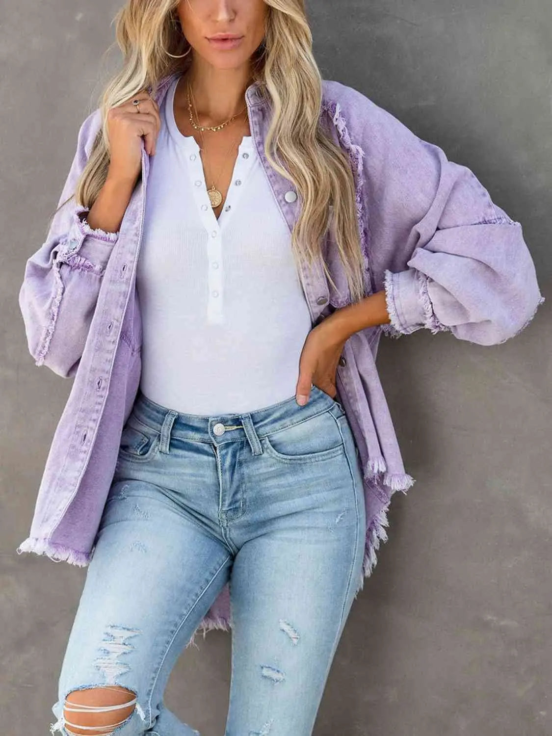 Button Down Raw Hem Denim Jacket Trendsi