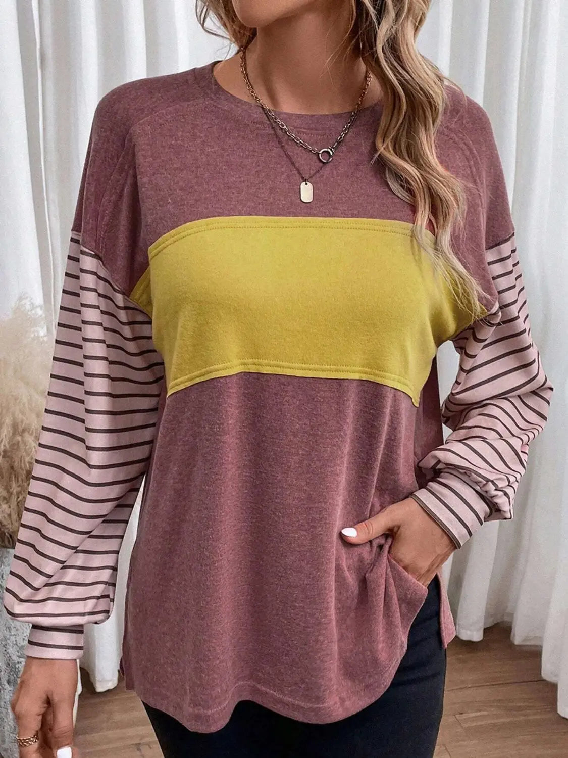 Round Neck Striped Long Sleeve Slit T-Shirt Trendsi