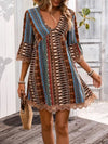 Lace Trim Printed V-Neck 3/4 Sleeve Dress Trendsi