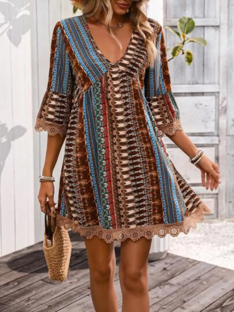 Lace Trim Printed V-Neck 3/4 Sleeve Dress Trendsi