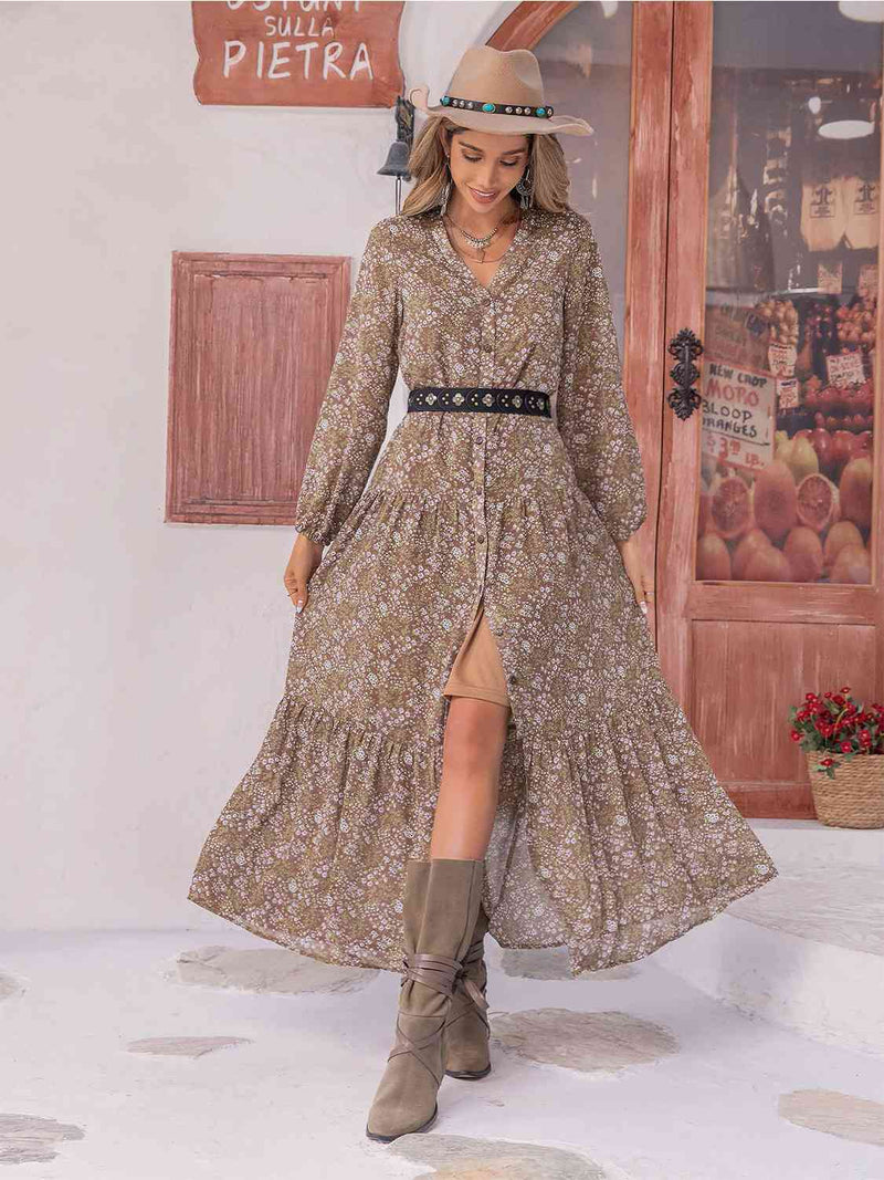 Floral Button Up V-Neck Tiered Dress Trendsi