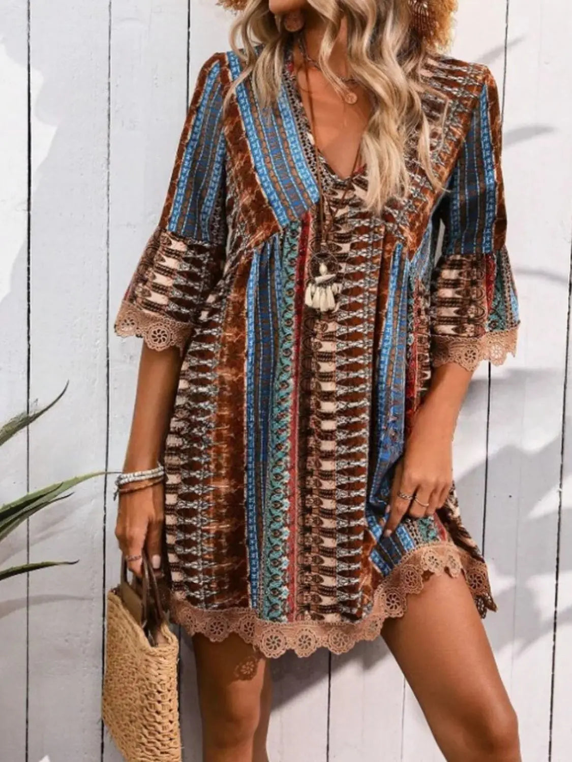 Lace Trim Printed V-Neck 3/4 Sleeve Dress Trendsi