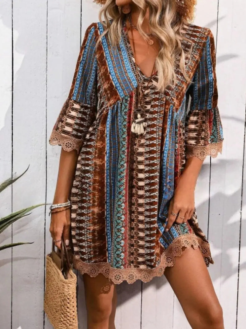 Lace Trim Printed V-Neck 3/4 Sleeve Dress Trendsi