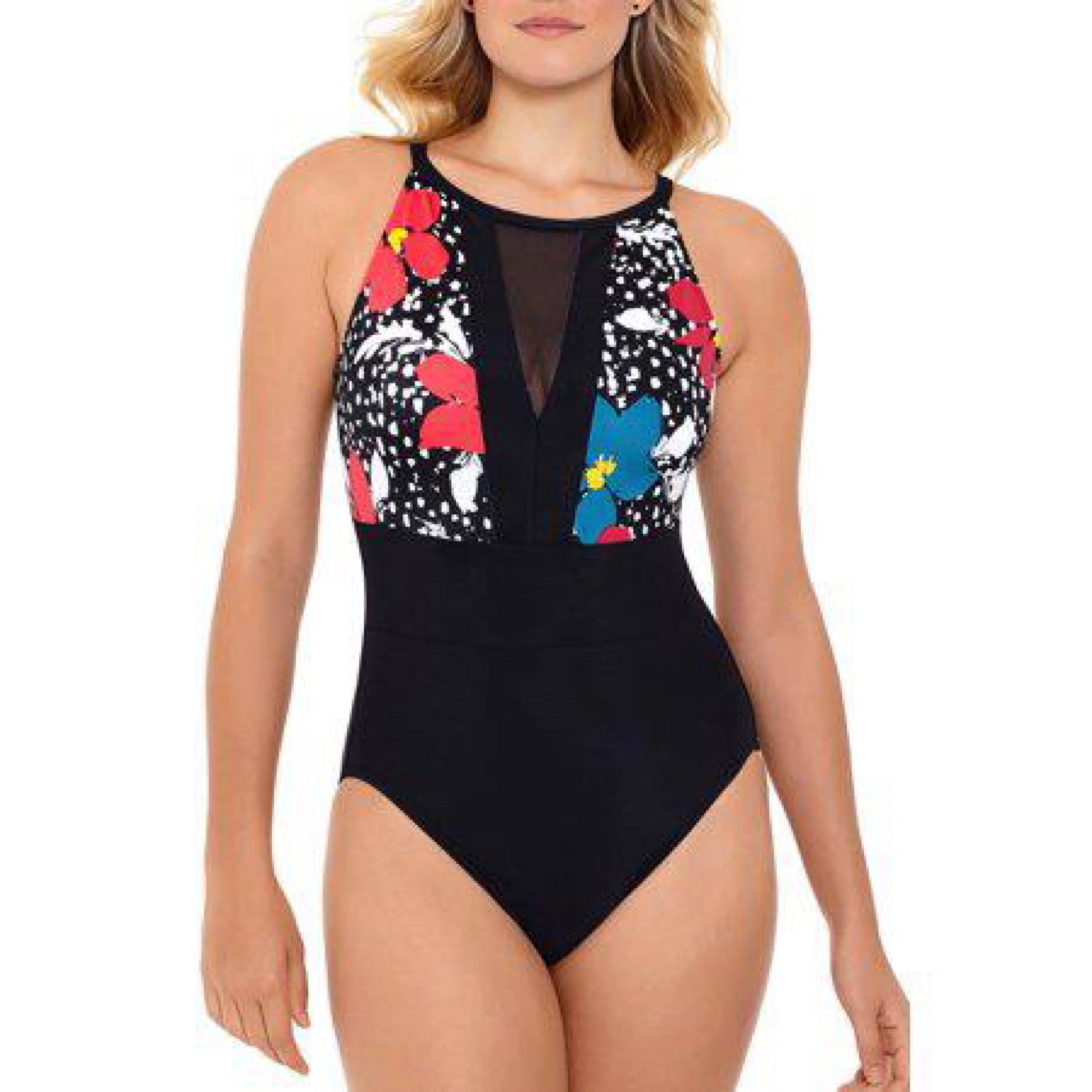 Penbrooke Swimsuits Women’s Paradise Bay Women S Hi-Neck Mesh Inset Mio One Piece Black Multi