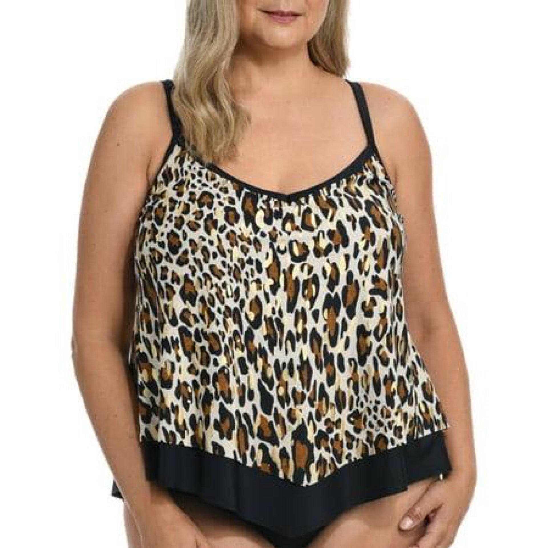 Maxine of Hollywood Plus Jungle Cat Flutter Hem Tankini Top Black/Brown