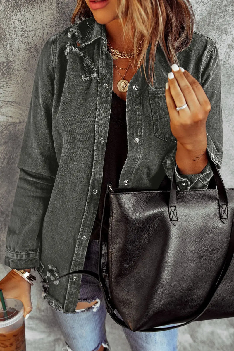 Distressed Raw Hem Snap Down Denim Jacket Trendsi