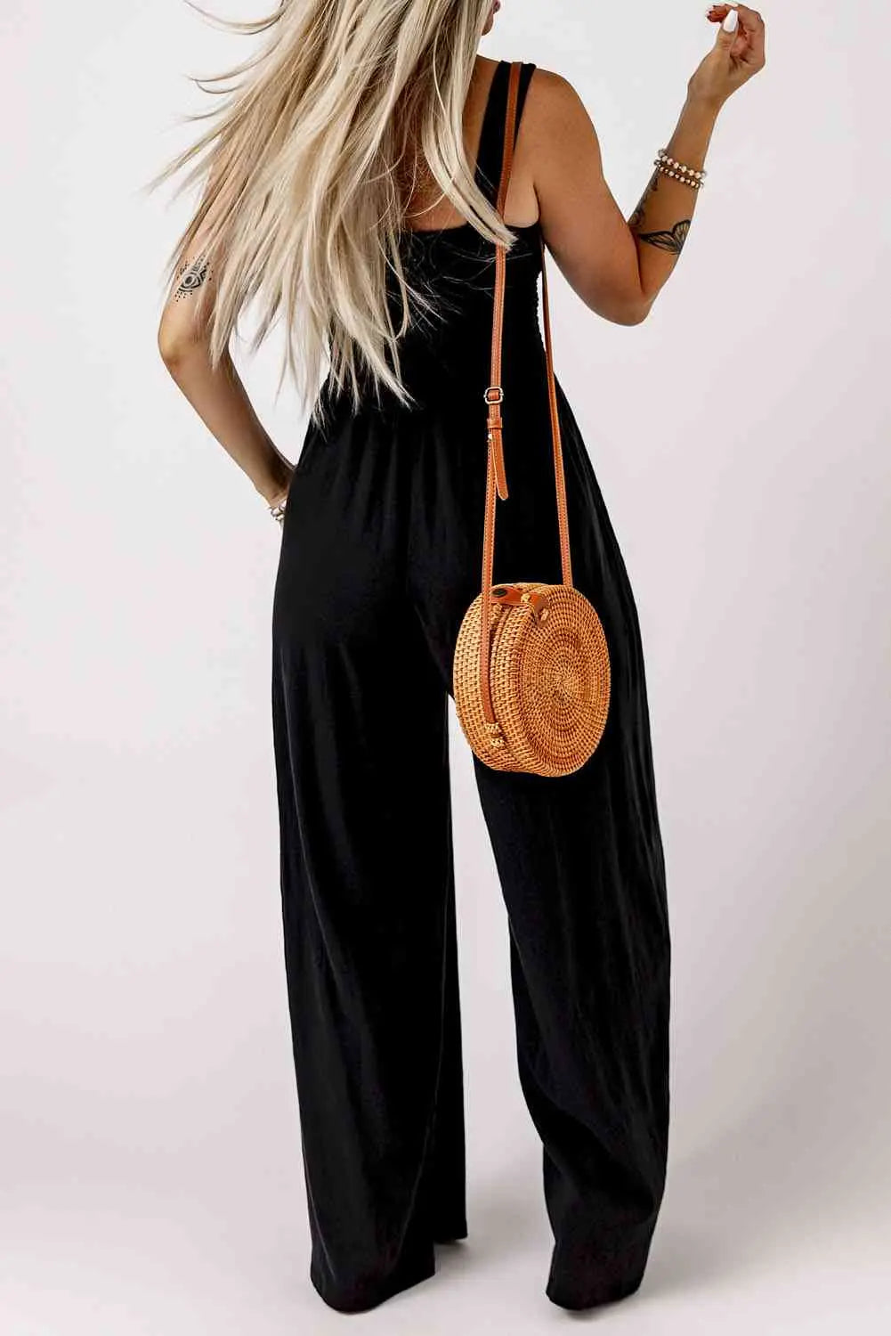 Smocked Square Neck Wide Leg Jumpsuit with Pockets - Makuwa Swim Wear