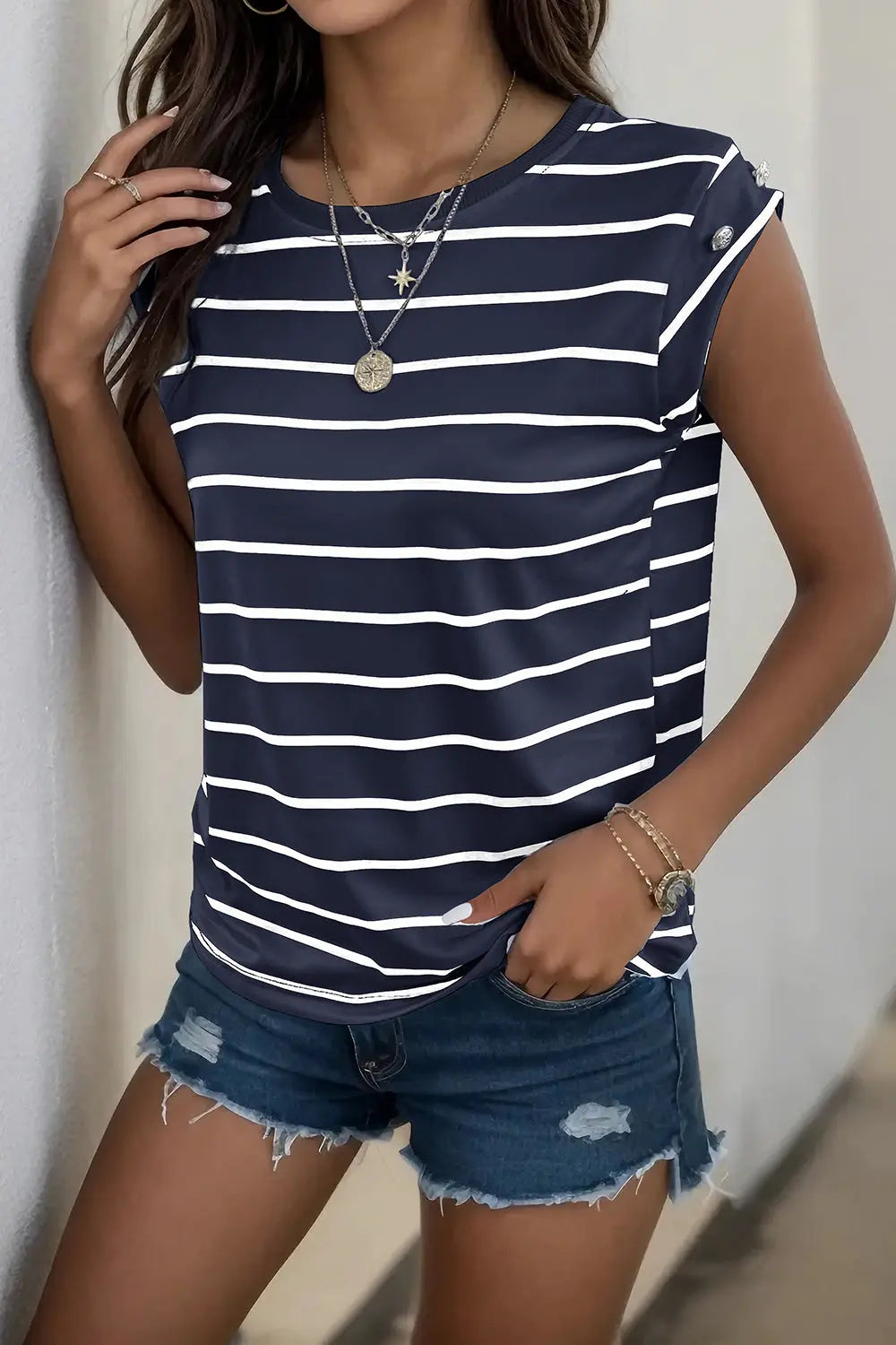 Decorative Button Round Neck T-Shirt - Makuwa Swim Wear