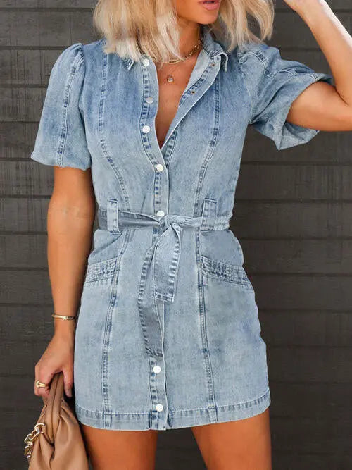 Puff Sleeve Button Up Mini Denim Dress Trendsi