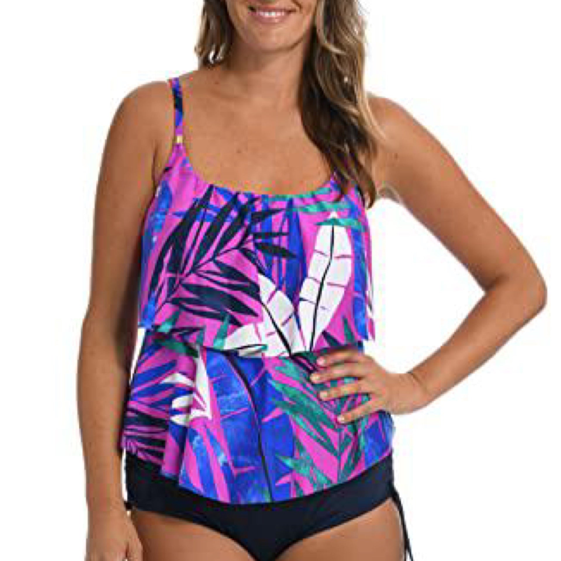 24th & Ocean Women's 2-Tiered Ruffle Tankini Swimsuit Top, Multi//Reef Leaf