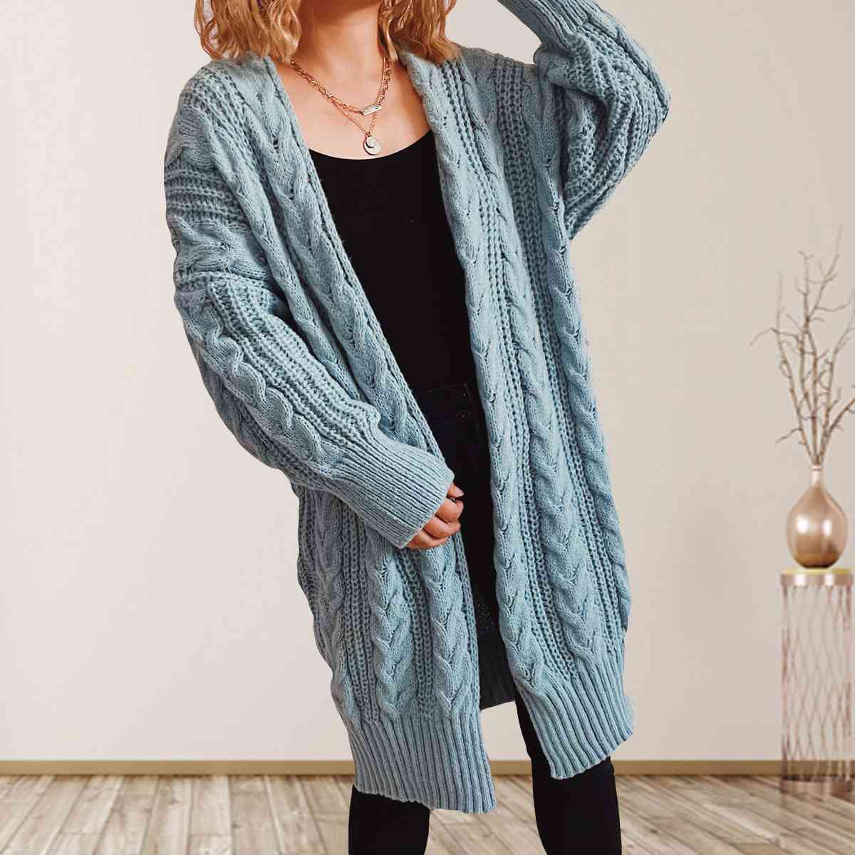 Cable-Knit Open Front Dropped Shoulder Cardigan Trendsi