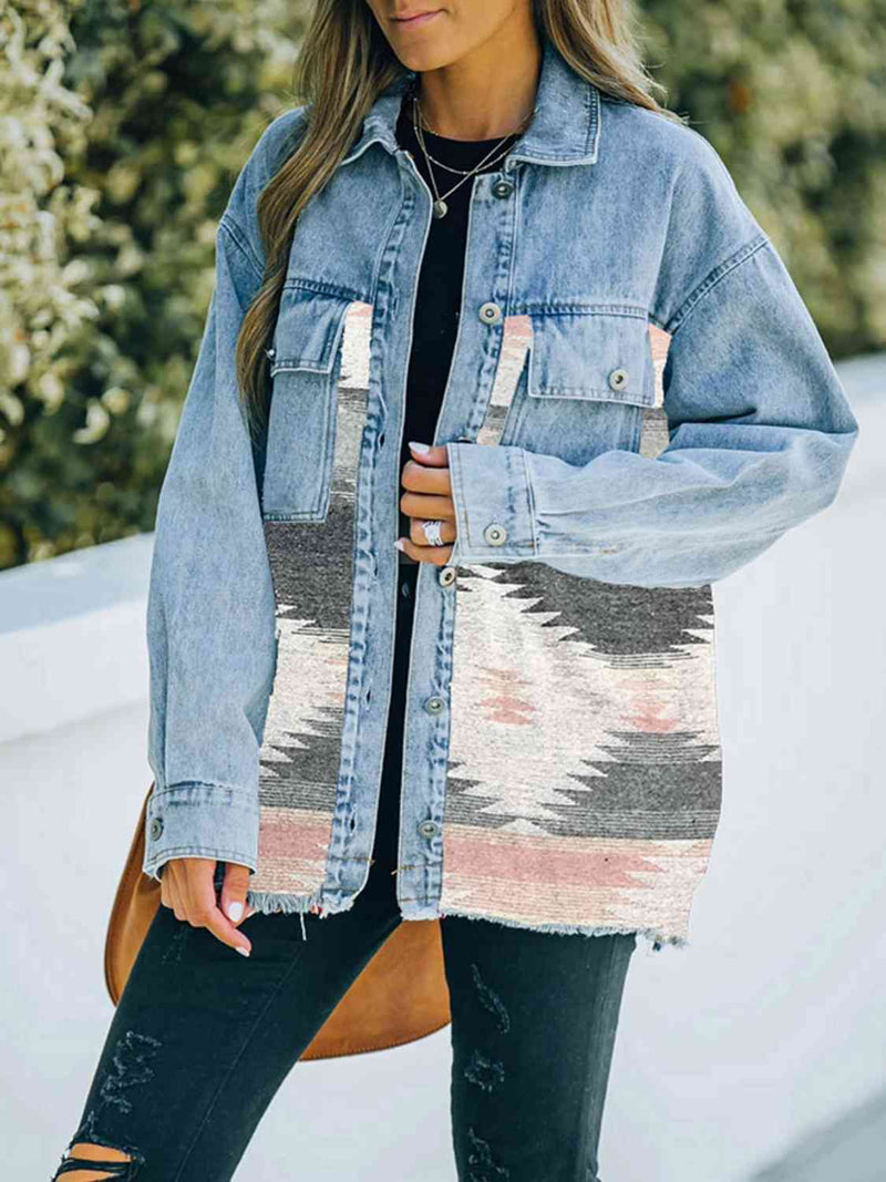 Collared Neck Dropped Shoulder Denim Jacket Trendsi