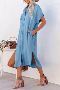 Slit Button Up Short Sleeve Imitation Denim Dress Trendsi