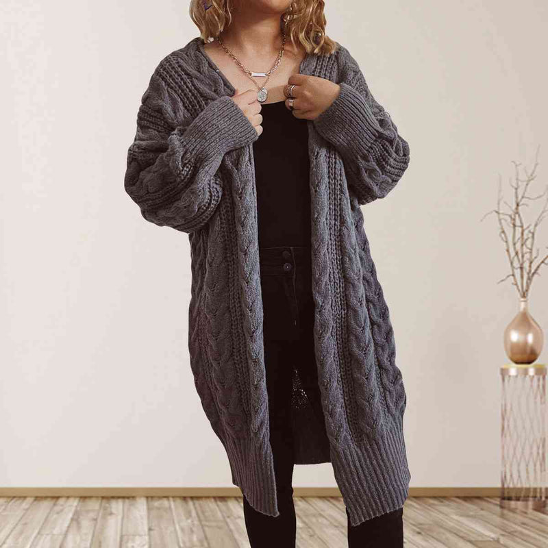 Cable-Knit Open Front Dropped Shoulder Cardigan Trendsi