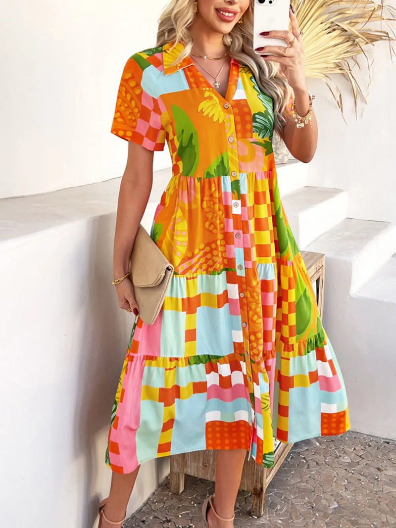 Devine Printed Johnny Collar Button Down Short Sleeve Midi Shirt Dress Trendsi