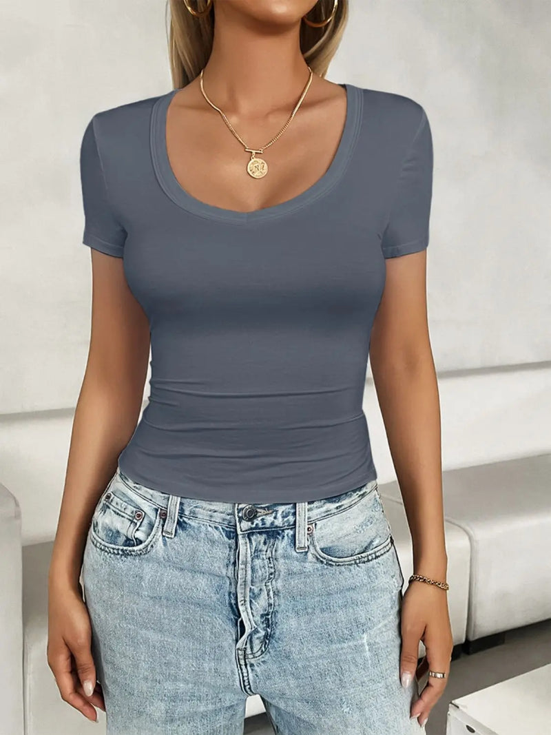 Scoop Neck Short Sleeve T-Shirt Trendsi