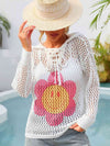 Flower Graphic Lace-Up Openwork Hooded Cover Up Trendsi