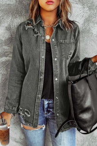 Distressed Raw Hem Snap Down Denim Jacket Trendsi